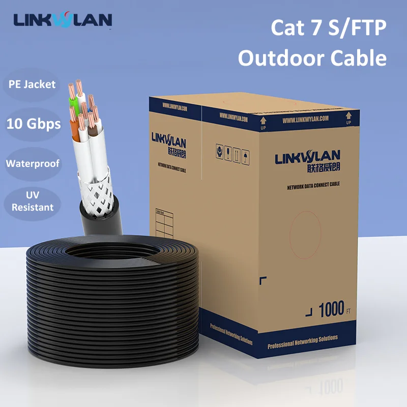 Network Cat7 S-FTP Outdoor Cable Shielded 26AWG Stranded Copper Wires PE Sheath Waterproof & UV Resistant