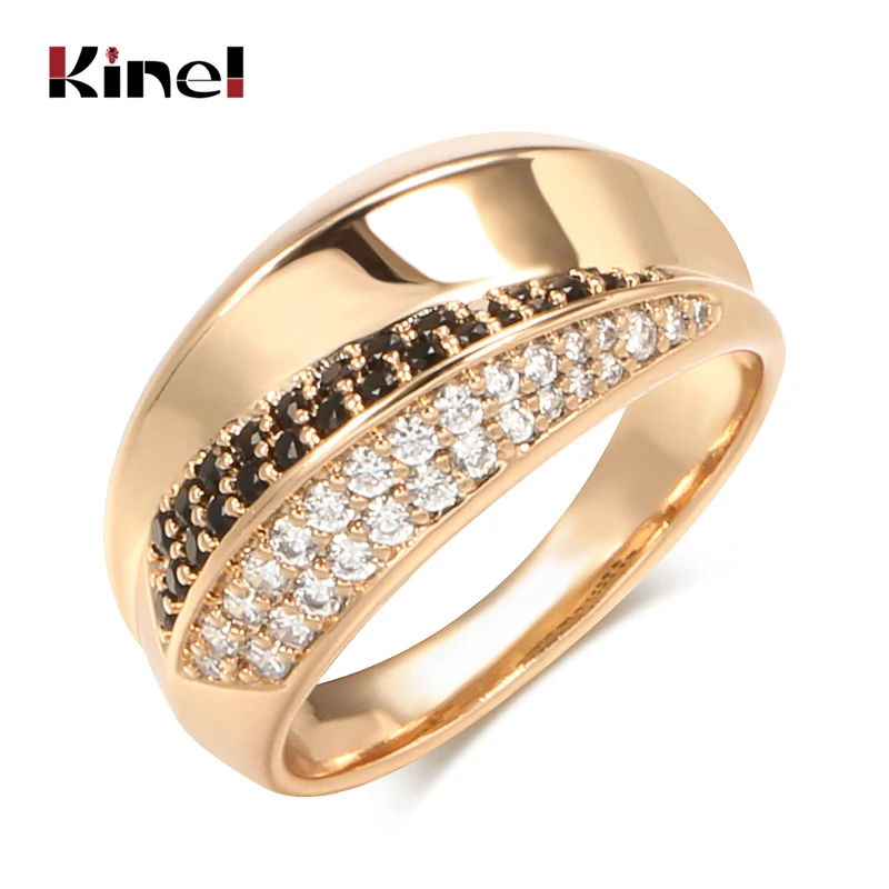 Kinel Luxury Natural Black White Zircon Rings for Women Geometric Cross 585 Rose Gold Wedding Party Fine Daily Vintage Jewelry