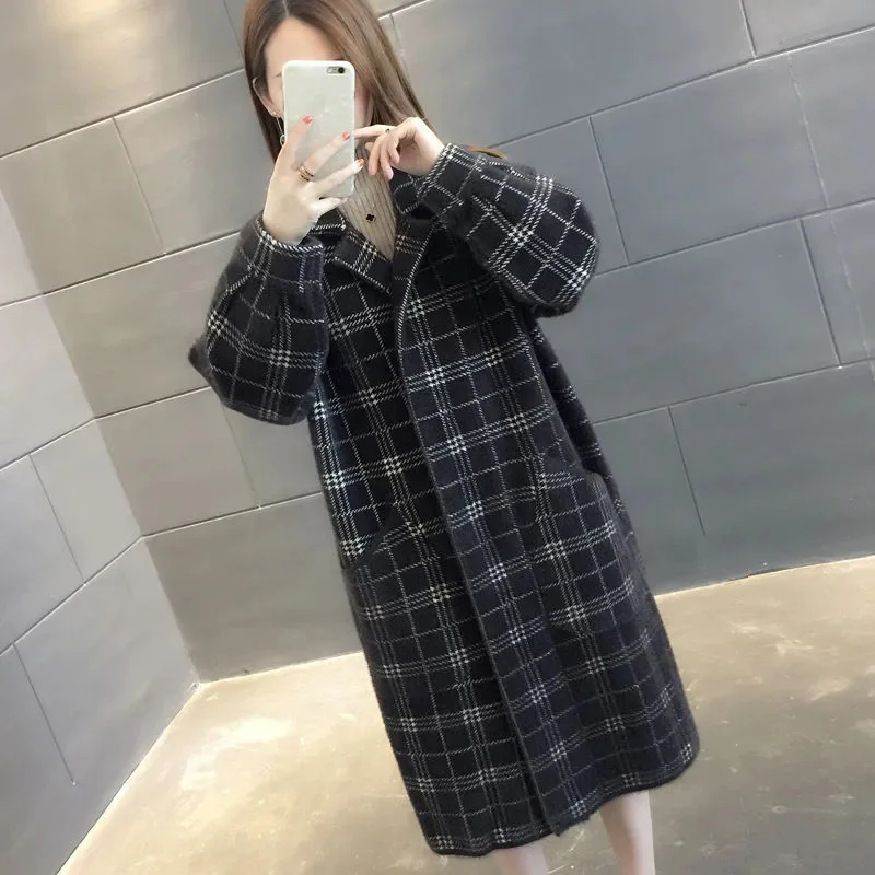 Imitation Mink Velvet Coat Women New Long Trench Coats Autumn Winter Thick Loose Warm Imitation Mink Plaid Overcoat Abrigo Mujer