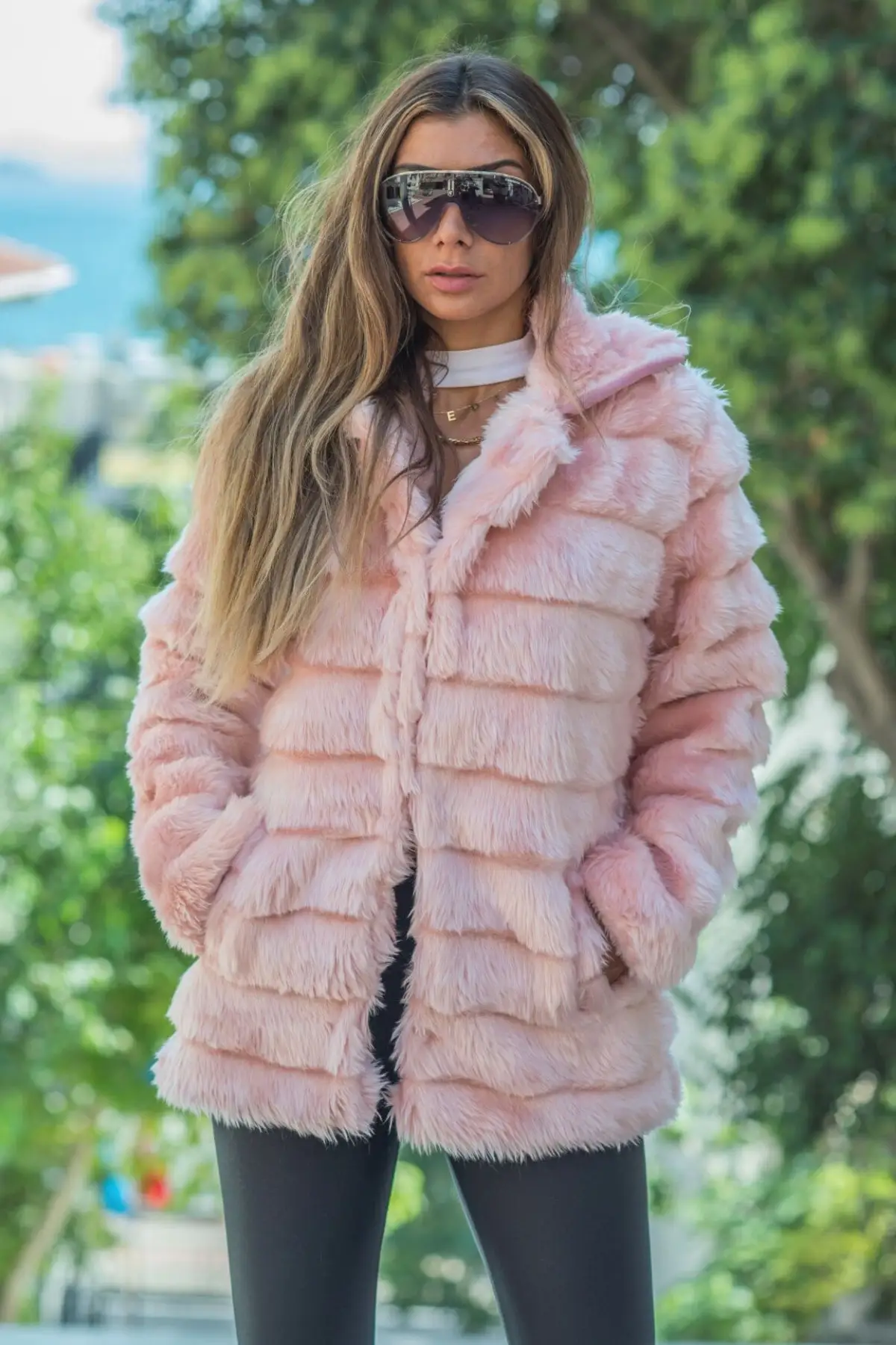 Women Pink Vintage Pockets Plush Coat