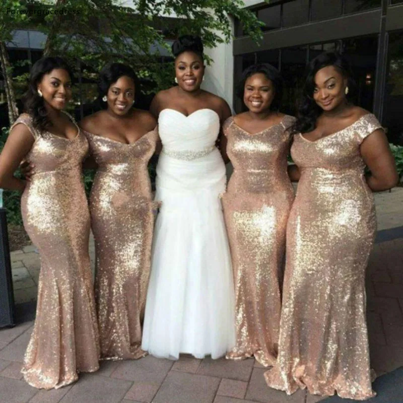 

Gold Sequin Bridesmaid Dress Fitted Off Shoulder Long Maid of Honor Wedding Party Gown Plus Size