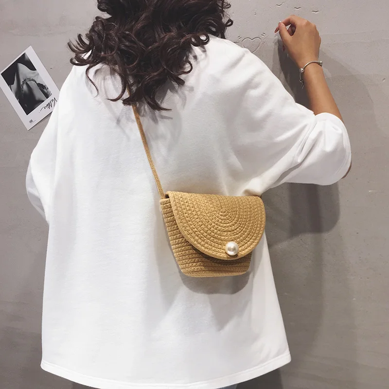 Bolsa feminina transversal de pérolas, elegante, pequena, de palha, bolsa de ombro casual feminina para o verão, férias, praia