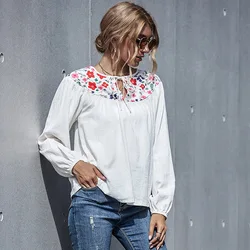 Blusa de lino y algodón para mujer, camisa holgada Retro de manga larga, ajustada, con cuello redondo, para otoño