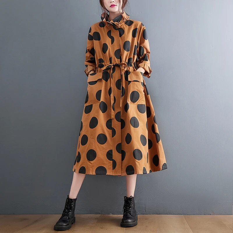 2026 Autumn Winter Oversized Polka Dot Long Trench Coat For Women Clothes Stand Collar Drawstring Fashion Casual Loose Outerwear
