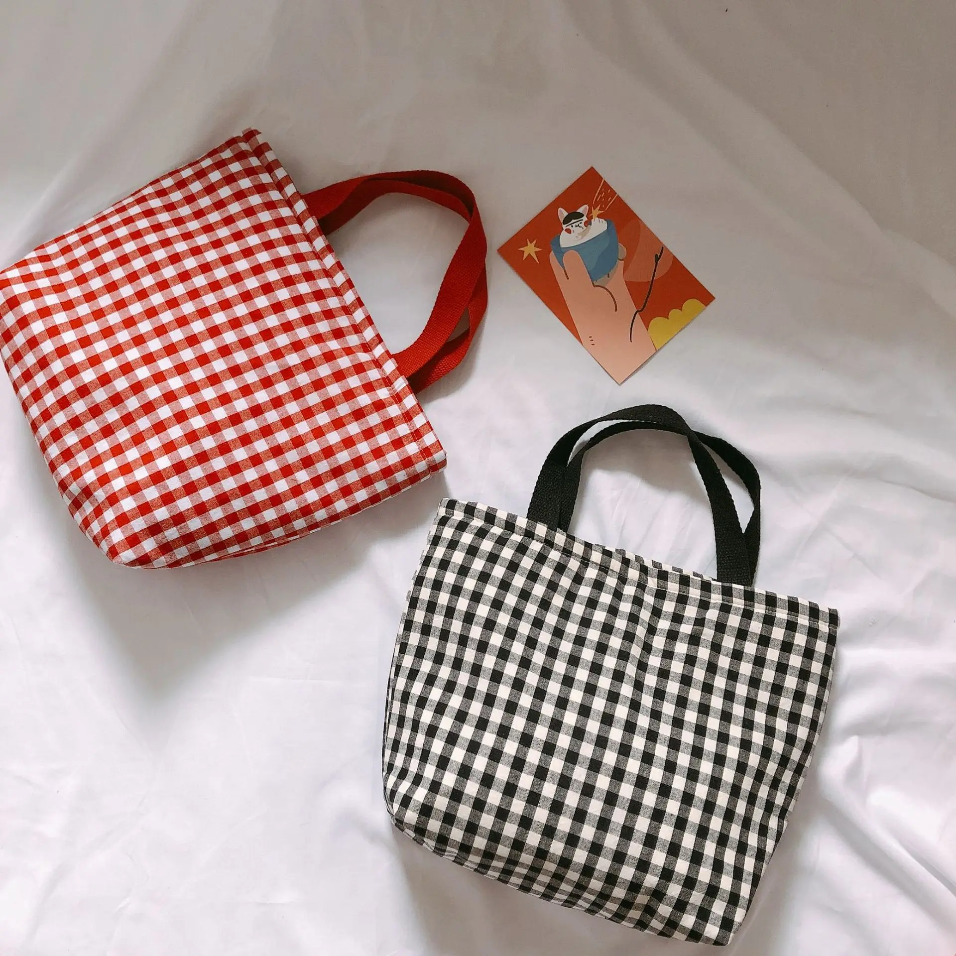 

Portable Cloth Lunch fruit zipper Bag Tote Simple Check Pliad Thickened Food Picnic Travel Convenient Lunch Bags For Women