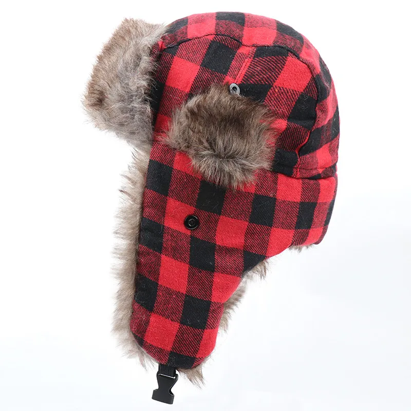 CAMOLAND Plaid Pattern Bomber Hats For Women Men Winter Thermal Fleece Earflap Caps Russia Ushanka Hat Male Snow Ski Caps