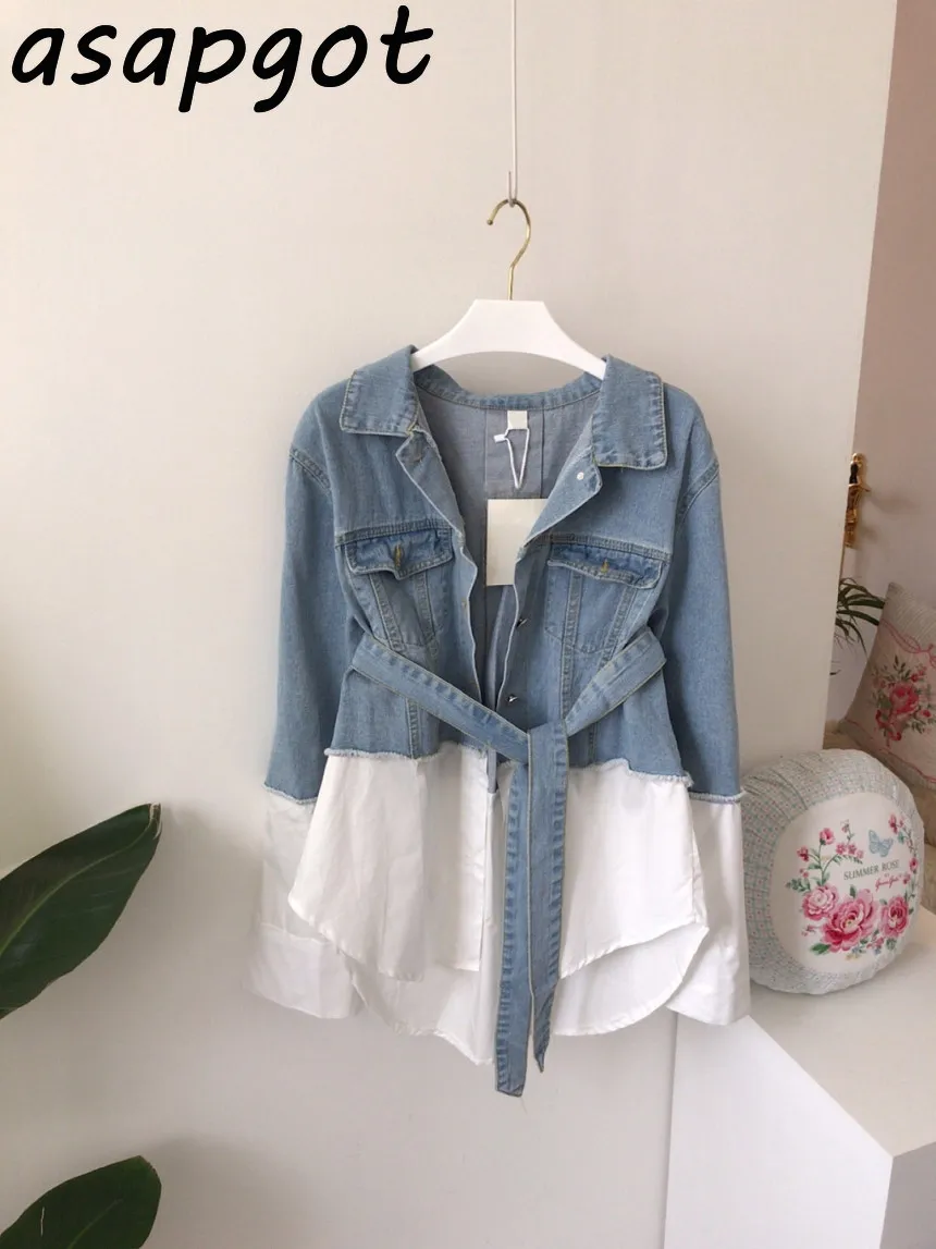 Korean Stitching Fake Two Piece Lapel Long Sleeve Single Breasted Slim Waist Lace Up Vintage Denim Coat Women Jacket Sashes