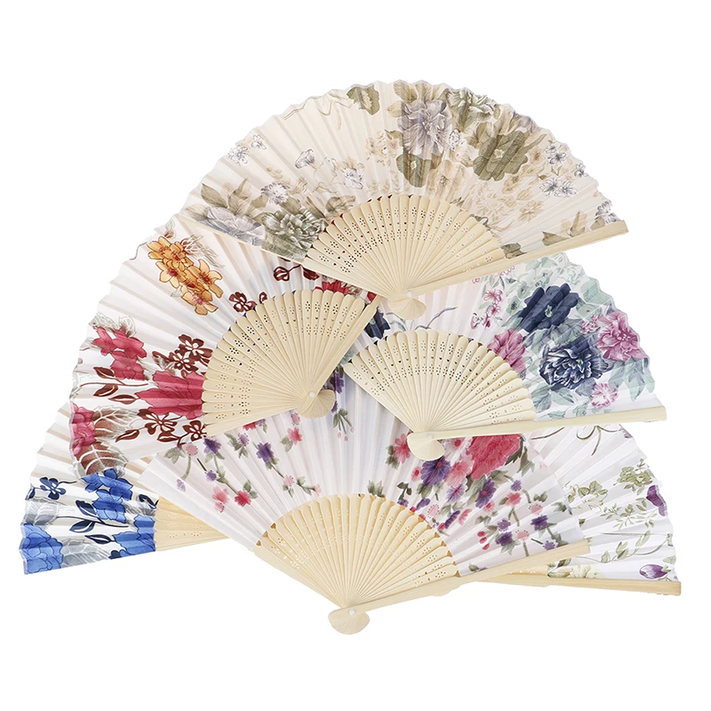 Abanico de seda de estilo japonés chino, abanico plegable de bambú Vintage, regalos de Arte de boda, baile, flores