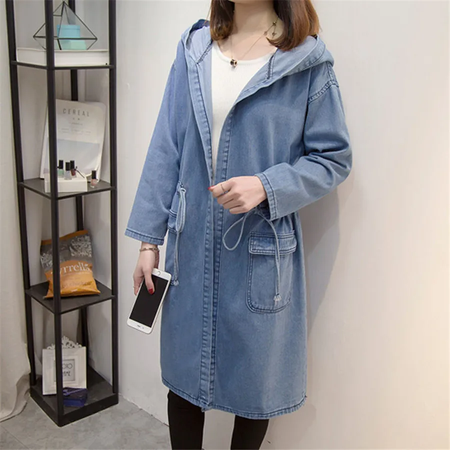 Mit kapuze Jacke Jean Frau Große Größe Mantel Denim Windjacke Frühling Herbst Neue BF Denim Jacke Weibliche Lange Lose Mantel