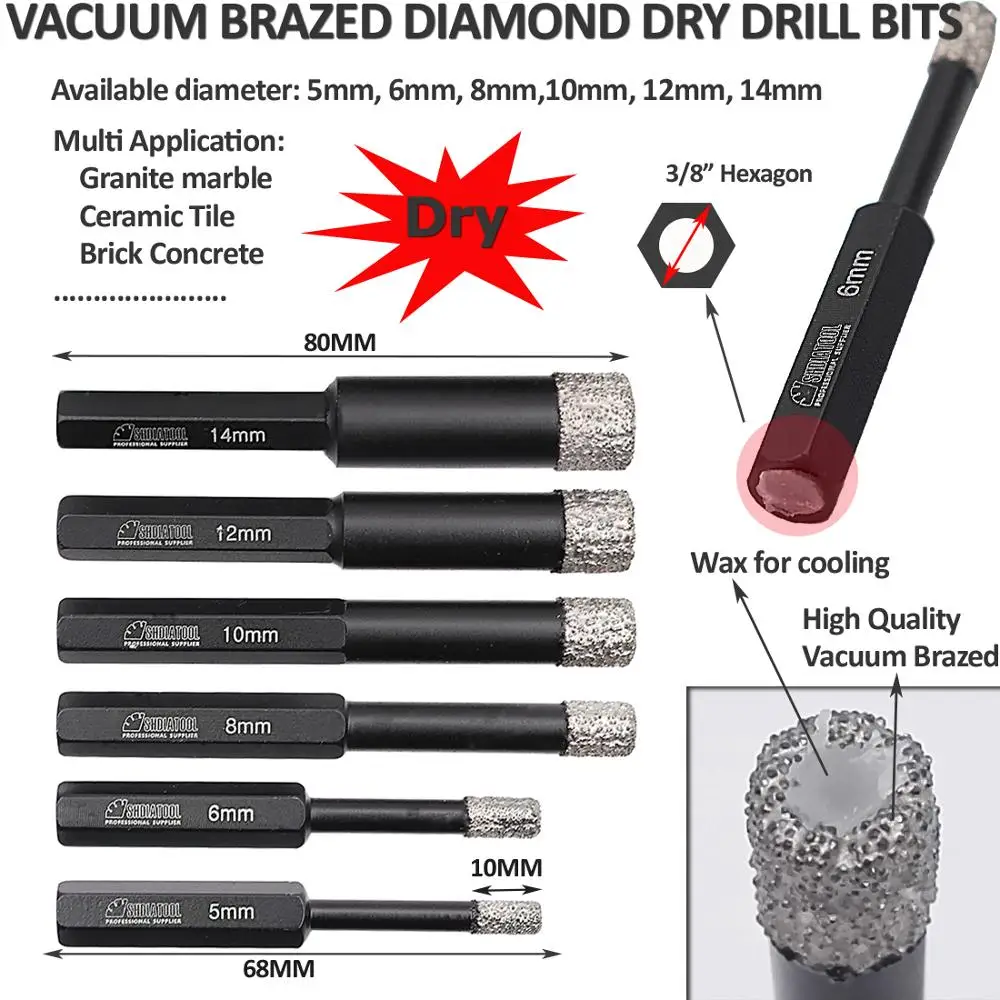DIATOOL 2 cái Đường Kính 10 mét Khô Khoan Bits, chân không Brazed Kim Cương Khoan Bits Đối Với Đá, sứ/gạch, Nề, Hex Shank