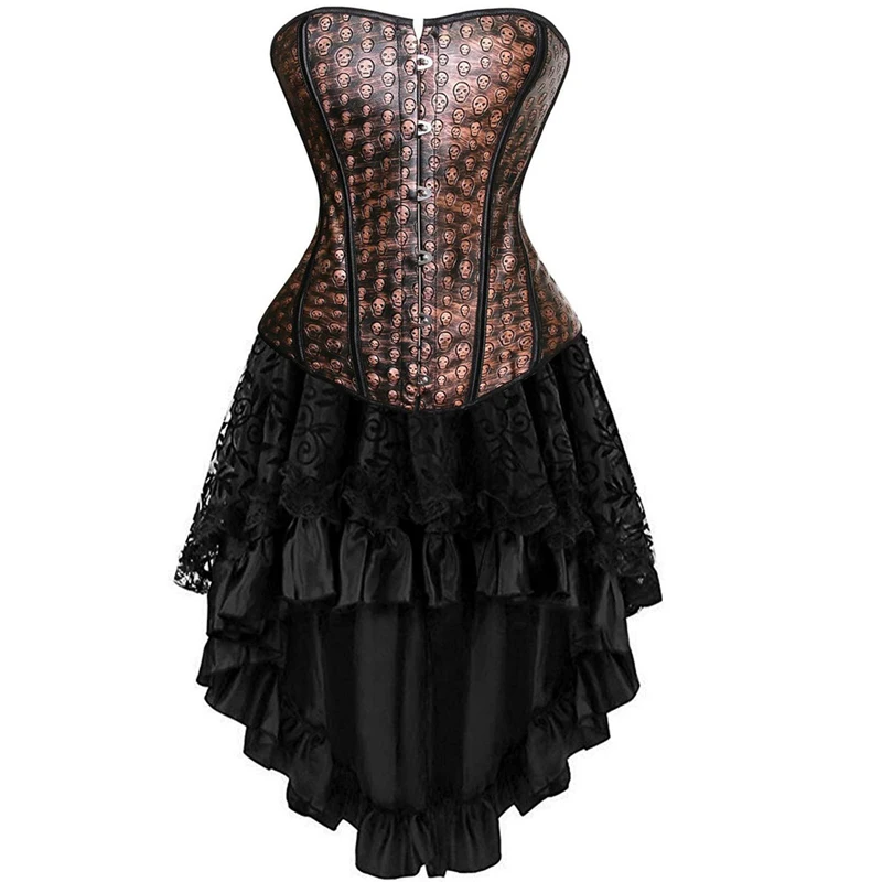 

Corset Dress Sexy Leather Skull Bustier Tops Skirt Set Overbust Corselet Burlesque Gothic Vintage Plus Size Halloween Costume