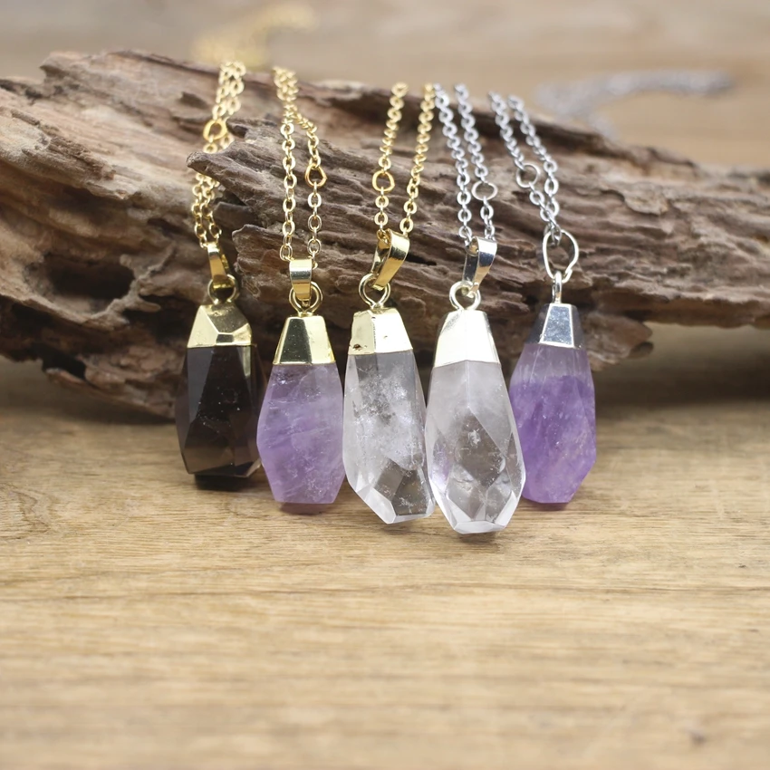 

Faceted Crystal Amethysts Nugget Pendants Necklace,Healing Stone Natural Smoky Quartzs Drop Charm Women Jewelry Dropship,QC3089