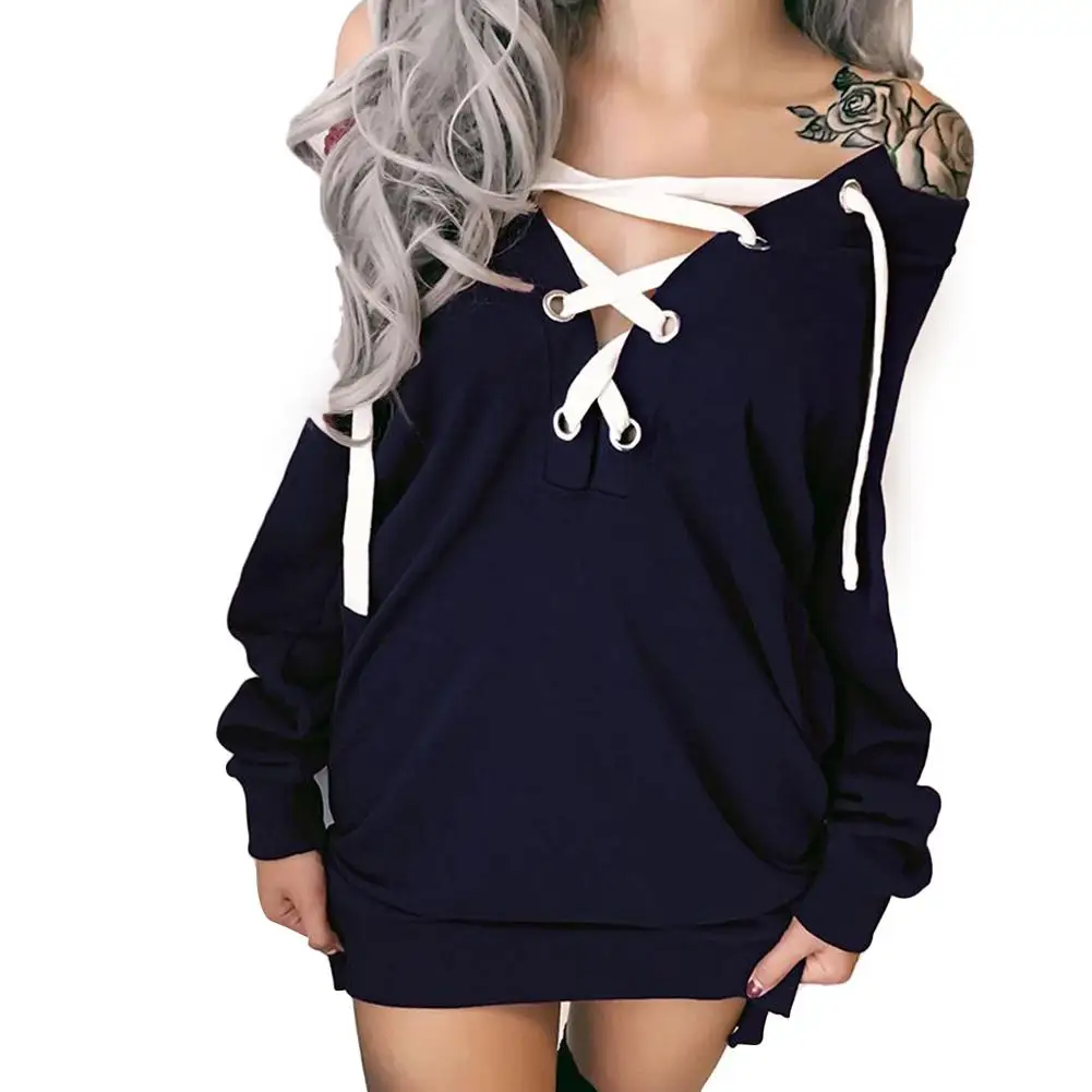 Women Sweatshirts Solid Color Long Sleeve Sexy Deep V Neck Tops Front Lacing Pullover Sweatshirt Chic Concise Shirt Dress