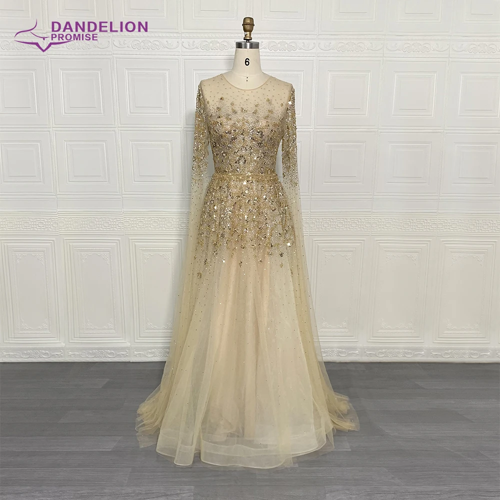 Luxury O-Neck Evening Dress 2021 A-Line Sequins Crystal Tulle Beaded With Cap Long Sleeves Prom Formal Gowns