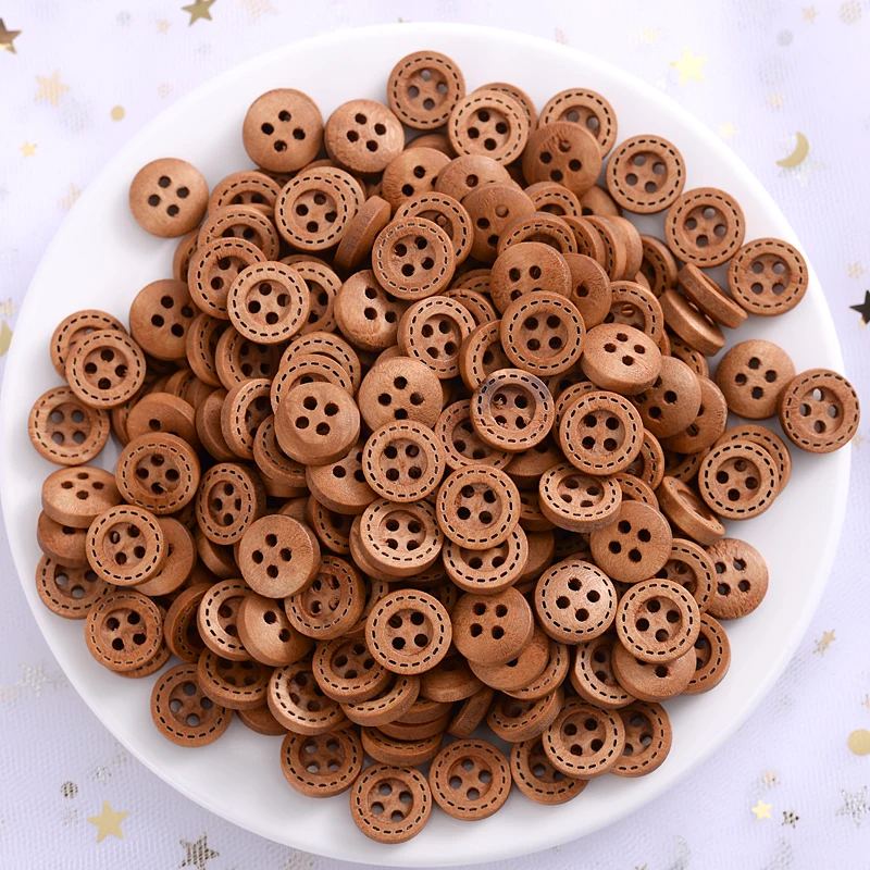 Hot 12mm 100Pcs Brown Dotted Line Wooden Buttons Scrapbooking Handmade Decorative Button For Apparel DIY Sewing Accessories