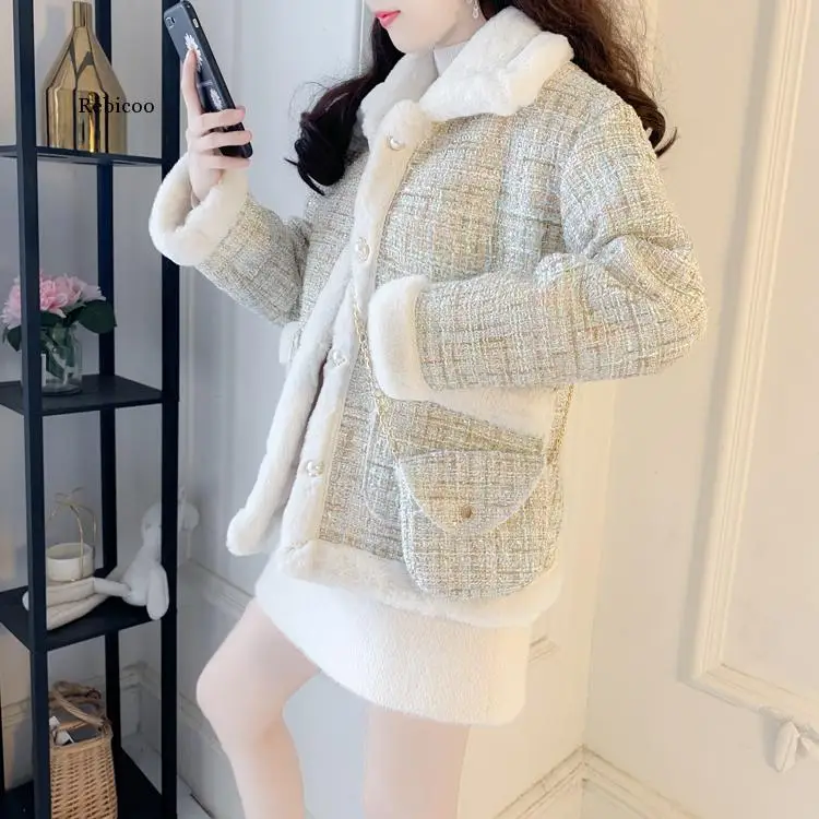 Faux Fur Temperament Lovely Thick Tweed Stitching Lambswool Casual Single-Breasted Pocket Coats Female+Chain Bag