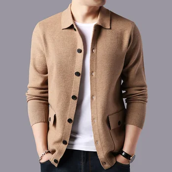 Chaqueta de punto de alta calidad para hombre, suéter informal de otoño e invierno, chaqueta lisa con cuello vuelto