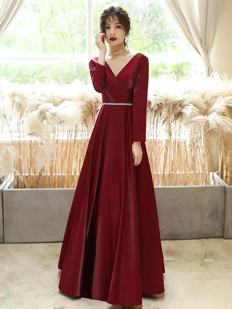 

Vintage Burgundy Bride Wedding Evening Party Ball Gown Dress Elegant V-Neck Banquet Gowns