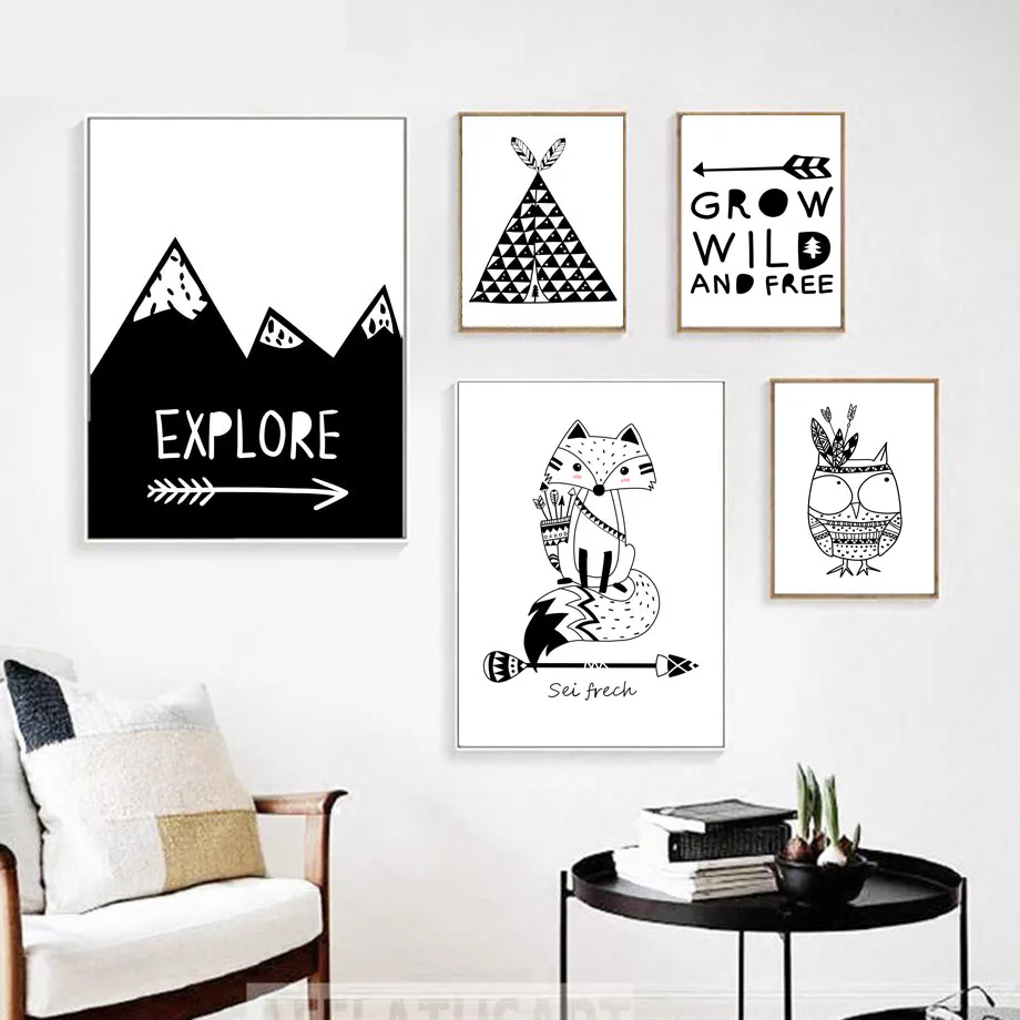 Black White Cute Indian Fox Owl Tent Mountain Nordic Posters And Prints Wall Art Canvas Painting Wall Pictures Kids Room Decor