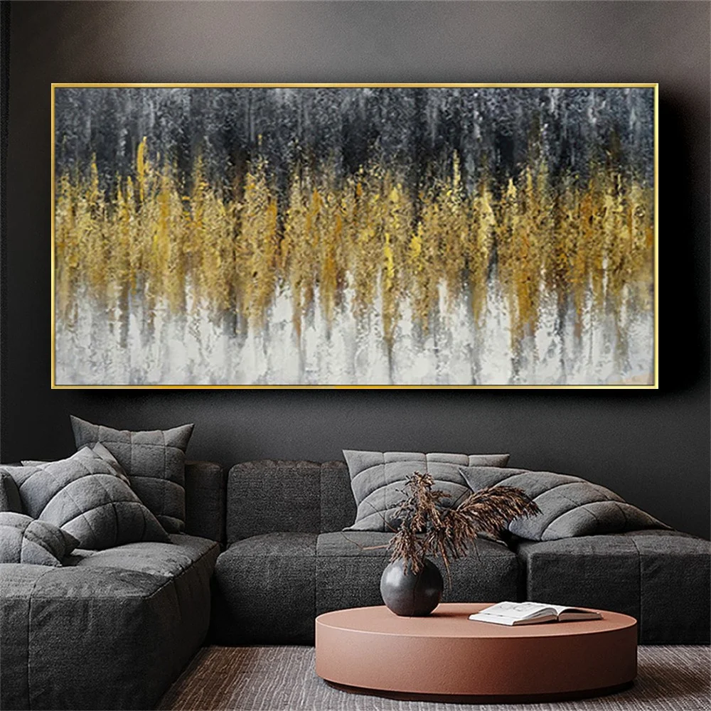 

High Quality Abstract Gold Leaf Textured Wall Art Hand-painted Oil Paintings Old Vintage Canvas Poster Brown Sofa Decor Image