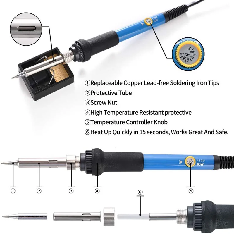 Imagem -04 - Eua 60w Ferro de Solda 220v 110v Ferro de Solda Elétrico Profissional Estanho Calor Lápis Ferramenta de Reparo de Soldagem ue