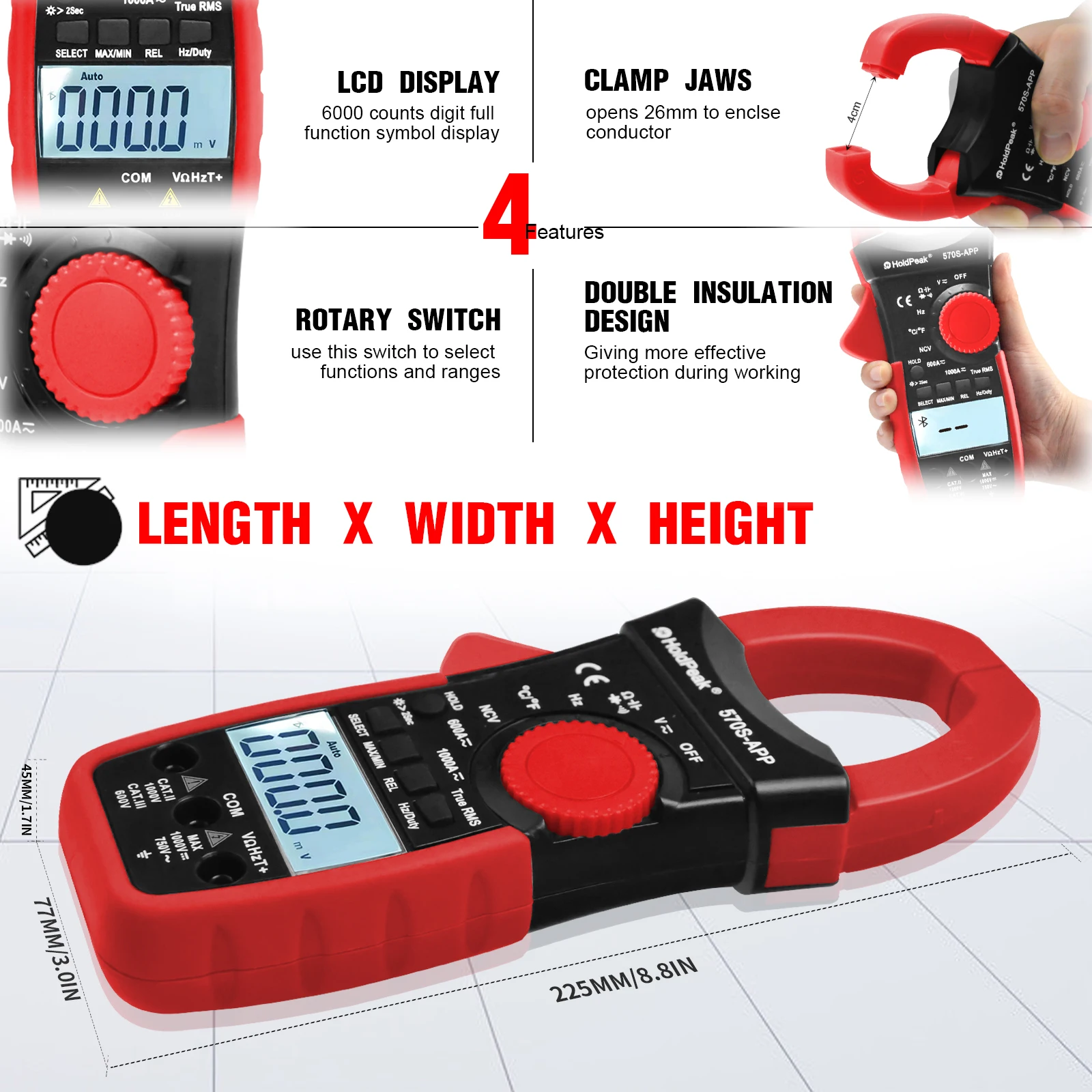 Holdpeak HP-570S-APP Digital Clamp Meter, 6000 Count Multimeter with Auto Range, AC/DC Voltage, AC/DC Current, NCV