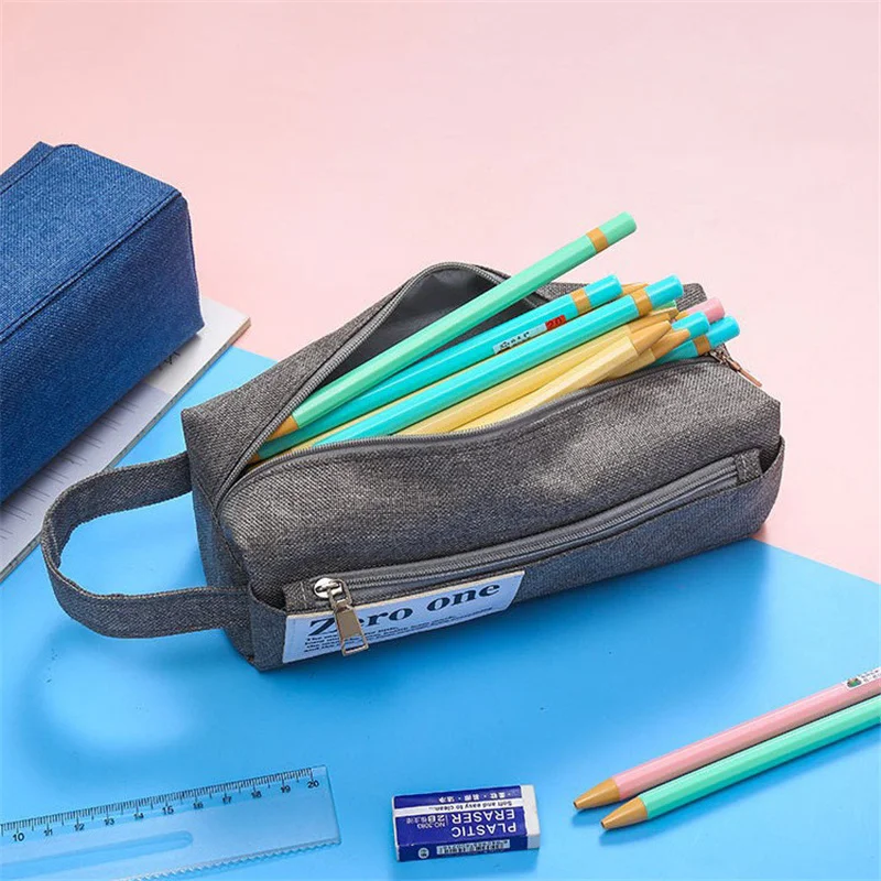 Portable double-layer canvas pencil case Boys zipper pencil bag School stationery storage bag Student pen case Oxford cloth bag