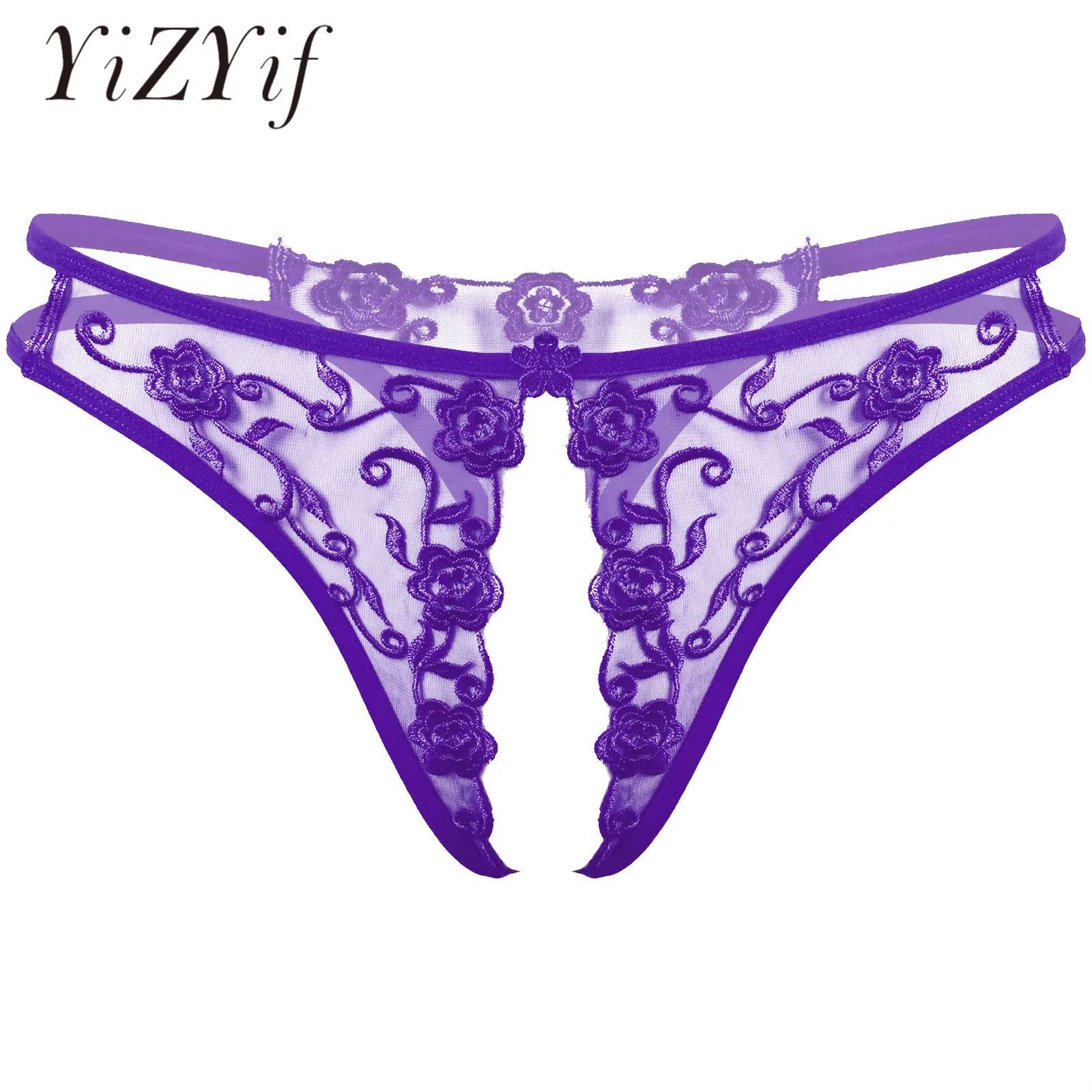 Mens Lingerie G-String Thongs Panties Flower Embroidery Crotchless Briefs Underwear Low Waist See-Through Thongs Underpants