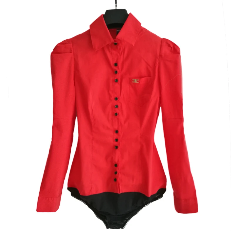 Office Ladies Vintage Long Sleeve Button Bodysuit Cotton Body Shirt with One Pocket Elastic Mesh Panty Dark Blue White Red S-3XL