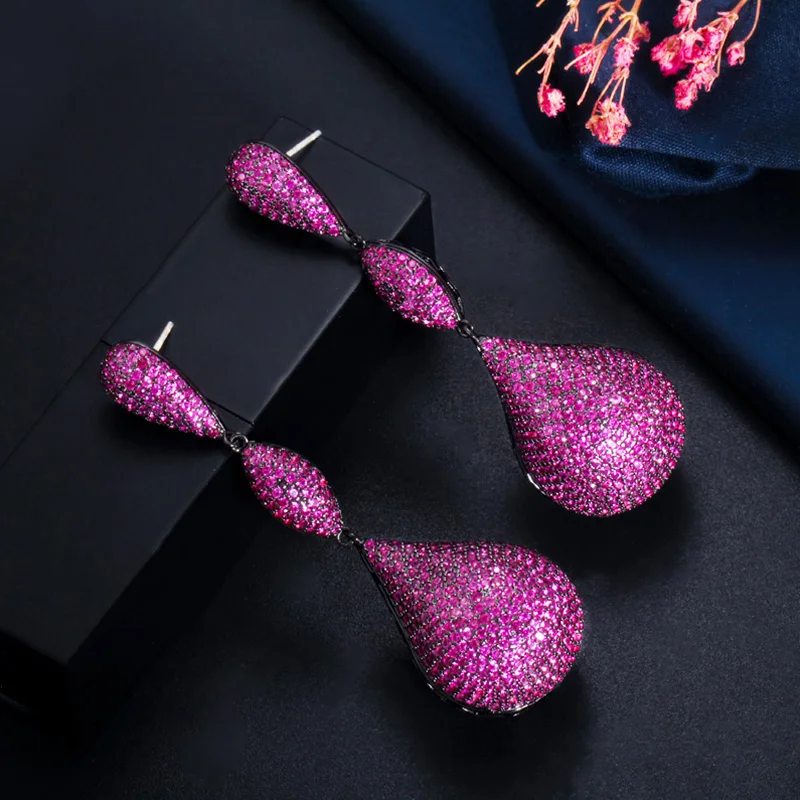 Pera Luxury Big Disco Ball Hot Pink CZ Stone Aesthetic Black Gold Color Long Engagement Party Dangle Earrings for Women E597