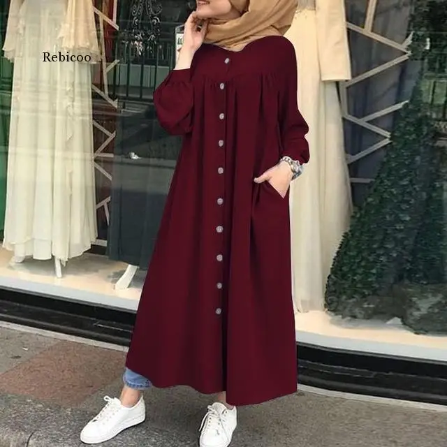 

Muslim Dresses Woman Shirt Dress Long Sleeve Maxi Vestidos Female Button Robe High Waist Solid Sundress