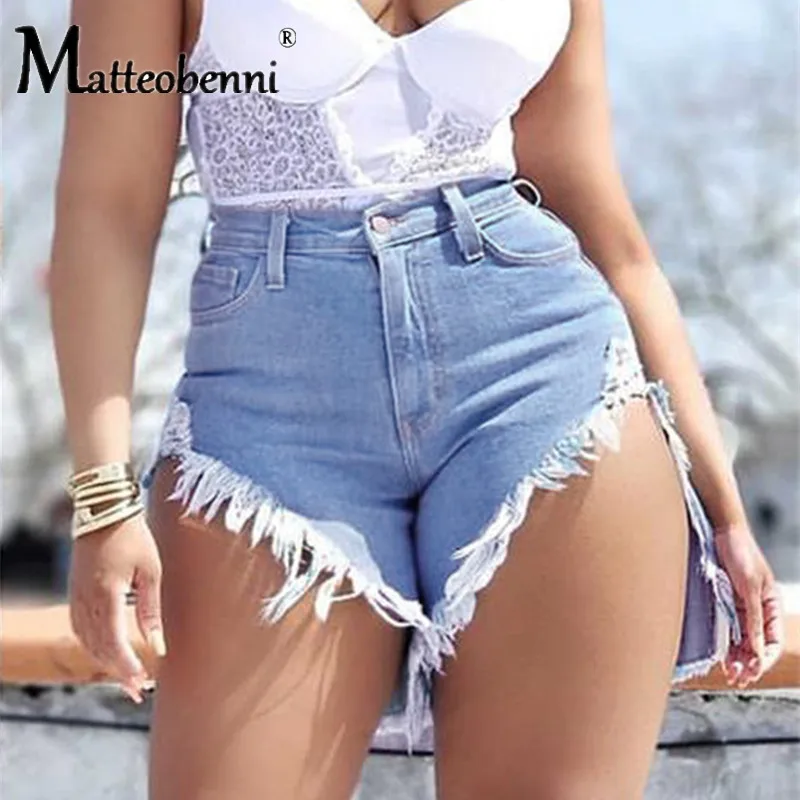 Sexy buraco rasgado borla denim shorts feminino streetwear 2021 verão novo casual bolsos de cintura alta moda feminina mini shorts