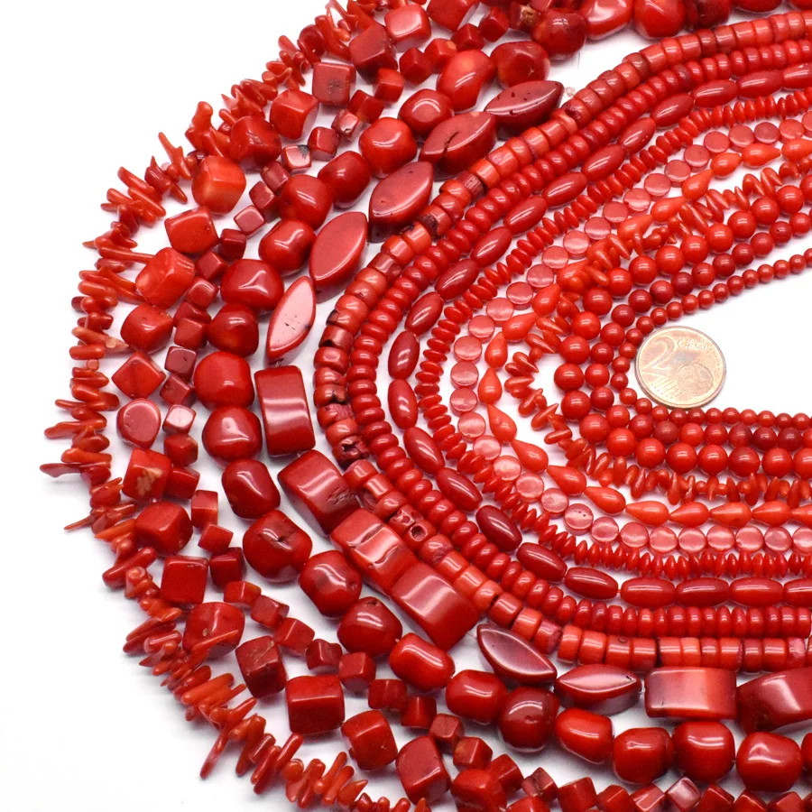 Natural Stone Red Coral Beads Irregularity Geometry Round Square  Shape Spacer Beads For Jewelry Making DIY Bracelet Necklace