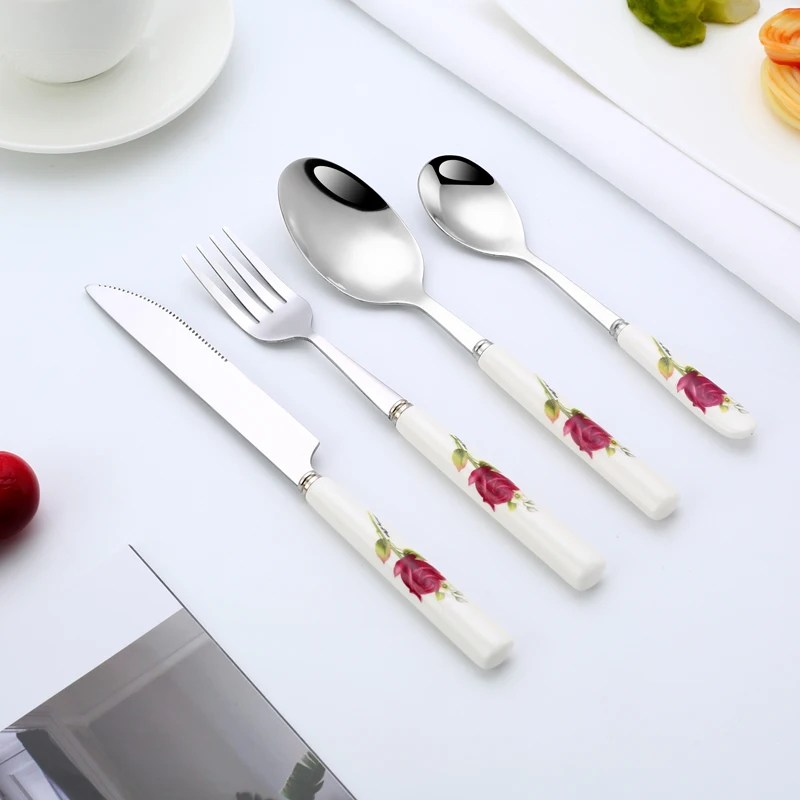 Ceramic Handle Tableware Set Stainless Steel Cutlery Set Steak Knife Fork Coffee Spoon Dessert Dinnerware Rose Flowers Pattern