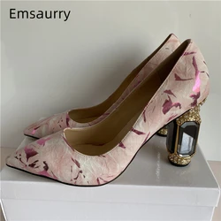 Smokey-pink Paint Color Crystal Heel Women Pumps Sexy Pointed Toe Genuine Leather High Heel Rhinestone Dress Shoes Woman