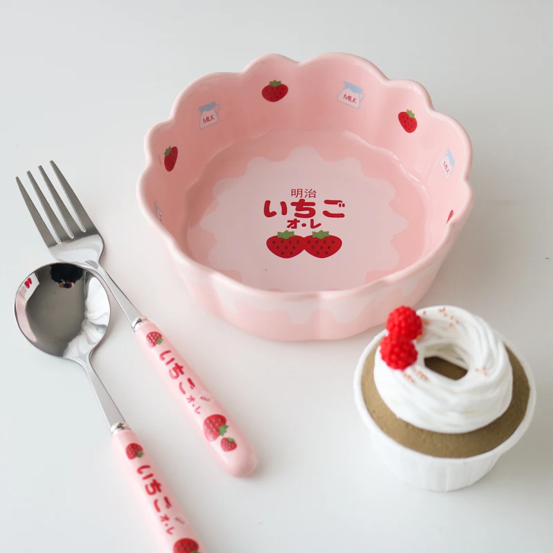 Strawberry Milk Sister 8-inch Ceramic Plate/Pink Petal Small Bowl/Fork Spoon