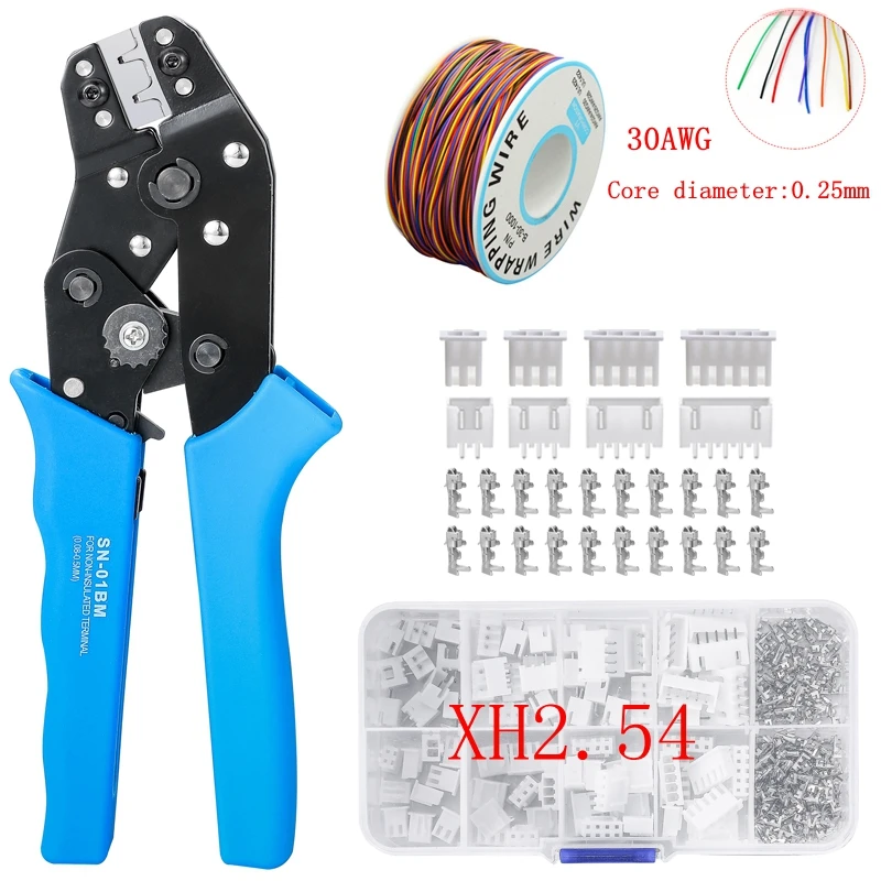 SN-01BM XH2.54 SM plug crimping tool AWG30-20, with XH2.54mm pin connector terminal and 8-color cable