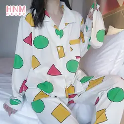 Pijama Schin Chan 잠옷 2 피스 세트, 홈 캐주얼 V넥 긴팔 잠옷, 가을 바지, 커플 잠옷 세트