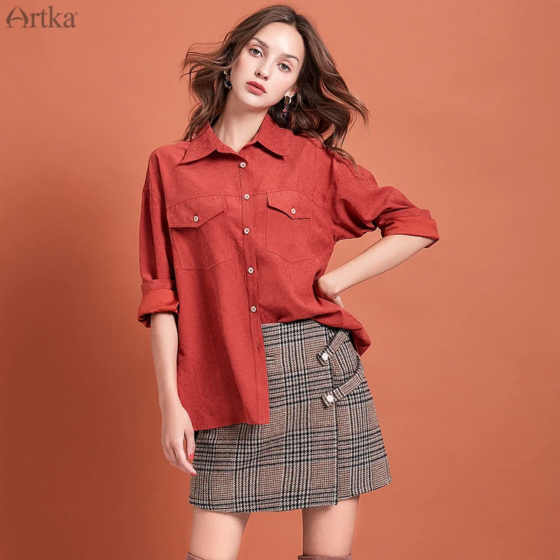 Artka 2020 primavera novas blusas femininas cor pura turn-down colarinho camisa minimalista solto casual manga comprida blusas femininas sa10394q