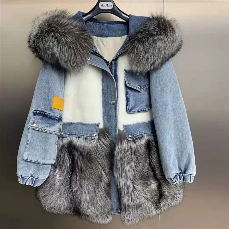 real mink coats for women denim parka patchwork natural silver fox fur hood jacket winter