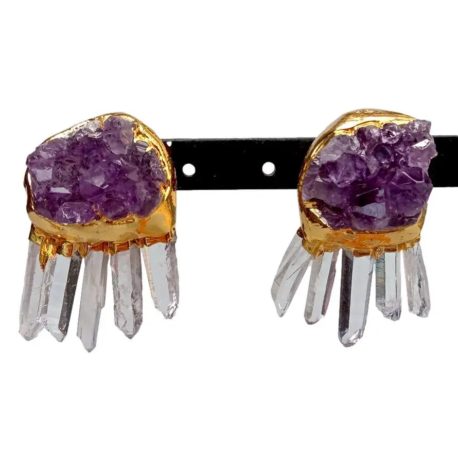 YYGEM Natural White Quartz Purple Amethyst Raw Druzy Rough Gold plated Stud Earrings