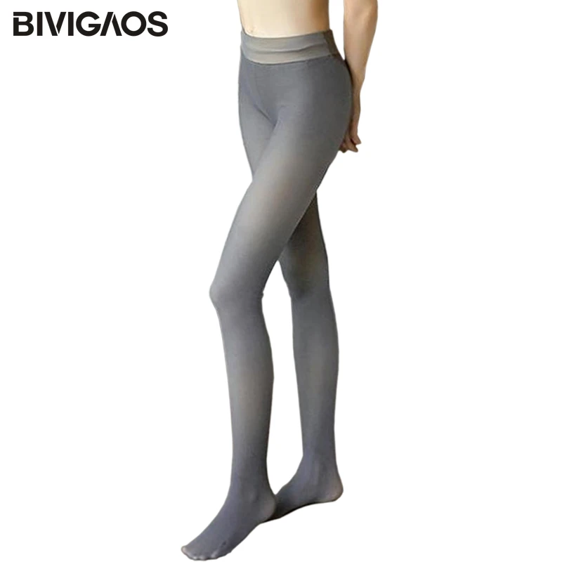 BIVIGAOS Autumn Winter Velvet Thick Warm Leggings Fake Translucent Foot Pants Stewardess Gray Slim Slimming Women Leggings