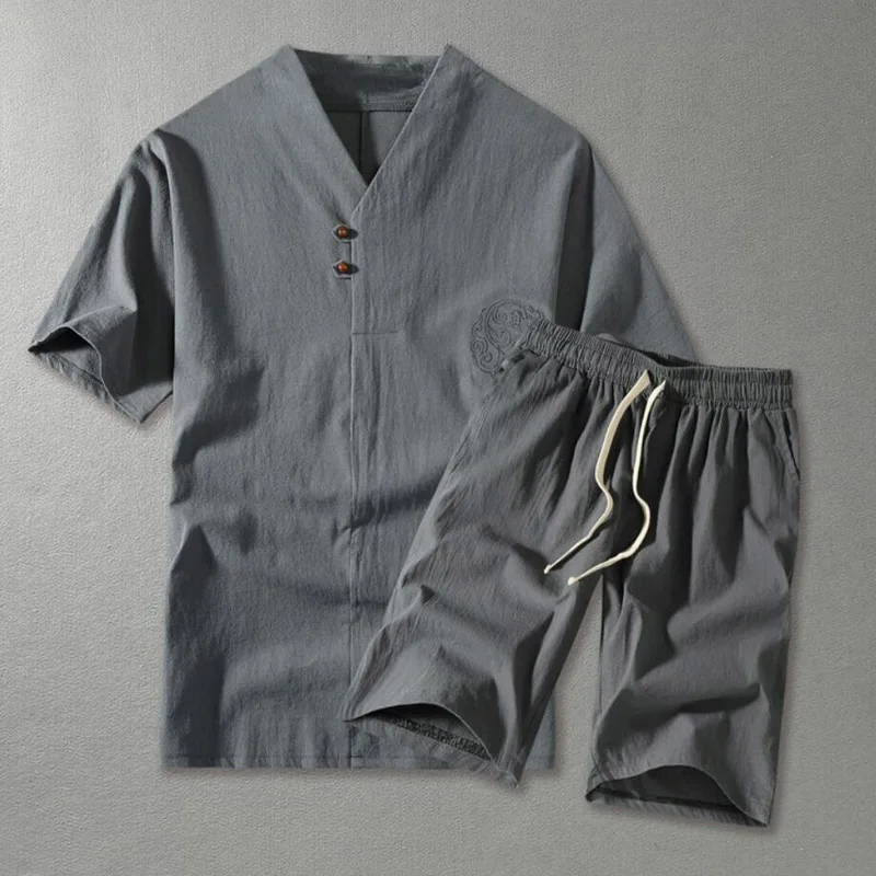 Chándal de talla grande para hombre, Camiseta corta de lino, traje de verano de 160kg, 5XL, conjunto de algodón para marido