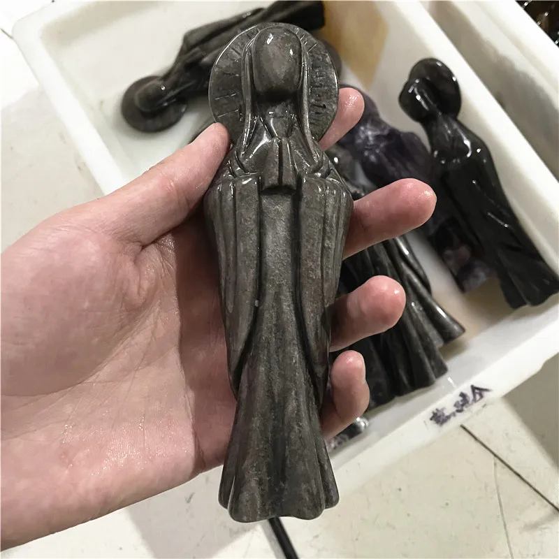 Free Shipping！ Natural Silver Obsidian Crystal Healing Carving Crystal Virgin Mary Statue For Gift