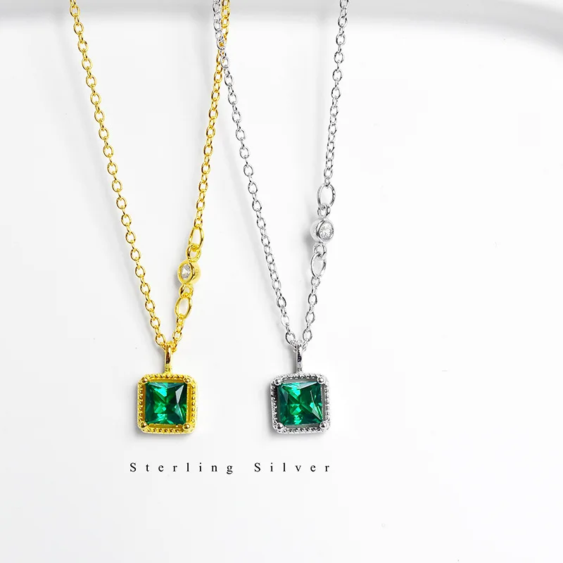 Necklace Exquisite Green Square Gem Pendant Ts 925 Sterling Silver Link Chain Fashion Jewelry Thomas Bijoux Gift For Women