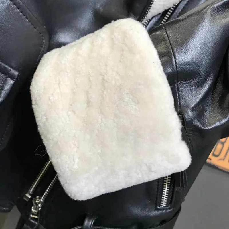 Fashion New Women Sheepskin Genuine Leather Jacket Biker Outwear Coats Female Punk Short Winter Warm Real Fox Fur Collar Jacket