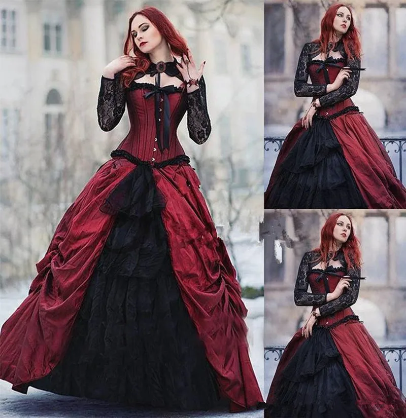 Middeleeuwse Black En Dark Red Gothic Trouwjurk Plus Size Ruche Land Trouwjurk Lace Jas Maskerade Kostuum Party Wear