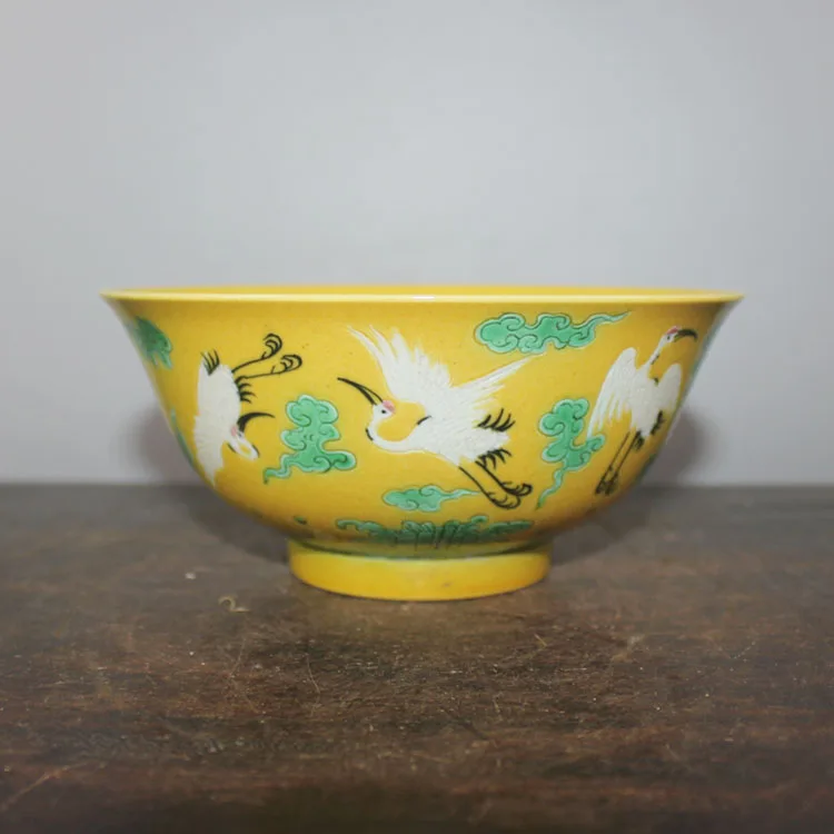 Yellow Glaze Bowl Carved With Crane Qing Dynasty Bowl  Plain Three Color Knife Carving Yongzheng Porcelain Boutique Bowl