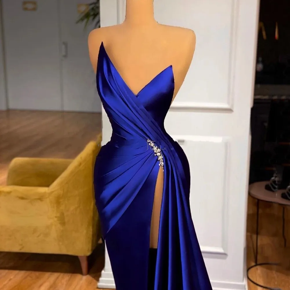 Royal Blue Evening Dress Sexy V Neck Sleeveless Beading Vestido Longo 2025 Robe De Soiree Sweetheart High Slit Prom Formal Gown