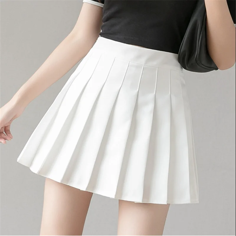 Fashion Women Solid Color High Waist Slimming Patchwork Fall Spring Warm Mini Pleated Skirt White Black Pink Grey